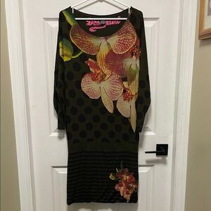 Desigual | Long Dolman Sleeve| Mini Dress wFloral,Polkadot,Striped Design|Size L